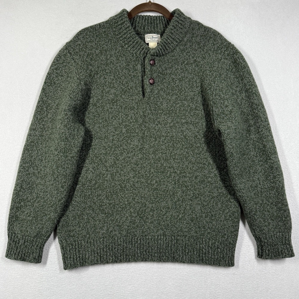 LL Bean Classic Ragg Wool Sweater Henley Mens Large Green Fisherman Chunky Knit